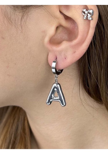 A Harfi, Balon Formlu, Paslanmaz Çelik Küpe 288, Gümüş Renk Gümüş