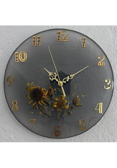 Ayçiçeği Temalı Gold Detaylı Epoksi Duvar Saati Özel Tasarım - Tek Üretim - 30 Cm Siyah