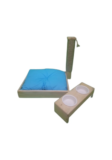 KEDİ TIRMALAMA TAHTASI+KEDİ YATAĞI+MAMA VE SU KABI MAVİ