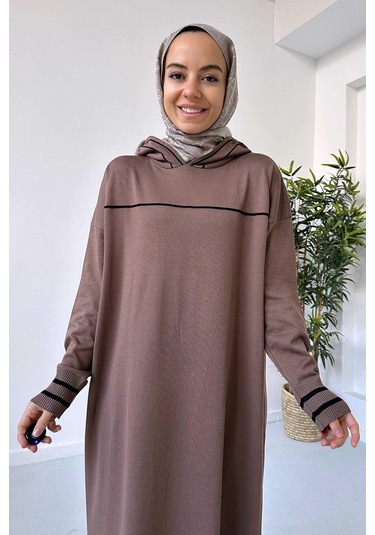 Kapüşonlu Merserize Elbise - Kahverengi
