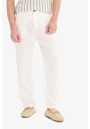 Defacto %100 Keten Relax Fit Rahat Kesim Düz Paça Yazlık Beyaz Pantolon C1117ax25spwt33 Beyaz