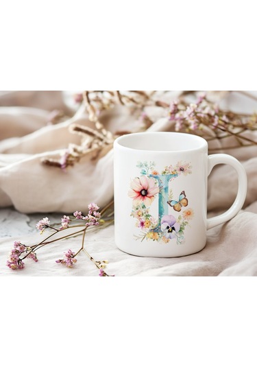 I Harfi Çiçekli Kupa Bardak - Soft Renk Çiçek Ve Kelebek Desenli Zarif Kahve Kupası - Bohem Beyaz