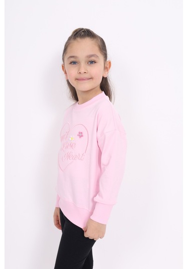 Kız Çocuk Relax Fit Bisiklet Yaka Hafif Düşük Omuz Nakış Baskılı Sweatshirt - 2 İplik Pembe