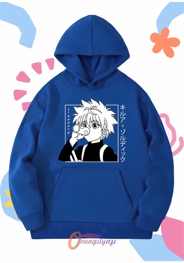 Çocuk Unisex Hunter Killua Anime Baskılı Oversize Kapüşönlü Sweatshirt Saks Mavisi