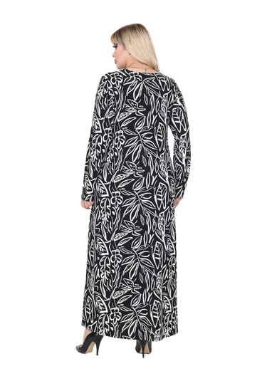 Melsay Butik Siyah Yaprak Desen Uzun Kollu Kadın Tesettür Elbise Siyah