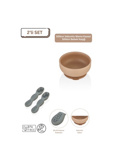 2'li Silikon Bebek Beslenme Seti / Mama Kasesi / Mama Kaşığı - Moka Mocca