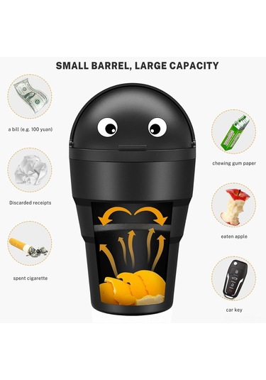 Maiyame Siyah Abs Plastik Araç Çöp Kutusu 520ml - Sızdırmaz Su Geçirmez - Basılı Kapağı İle - Mini Boyut 9.4x9.4x16.9cm - Araç/ofis/ev Kullanıma Uygun