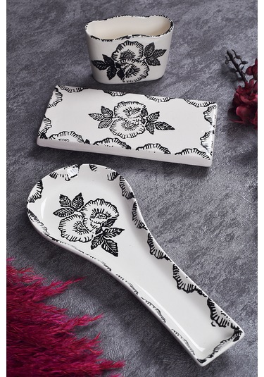 Piatti Naturali 3 Lü Mutfak Seti Black Rose Kaşık Altlığı Süngerlik Yağdanlık