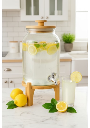 Bambum Fuente - Bambu Kapak Ve Standlı Cam Sebil 4l