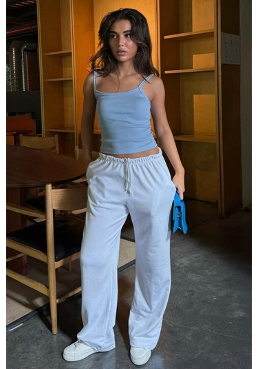 Beyaz Geniş Paça Basic Kadın Eşofman Altı Mg2553 Beyaz