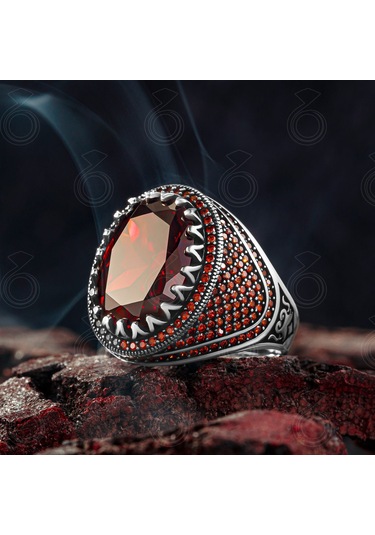 Gümüş Kırmızı Zirkon Taşlı Erkek Yüzük Gümüş - Altın