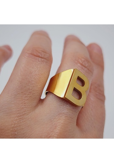 Çelik Gold Düz Kesim Harf Yüzük -b Harfi- Ayarlı Ölçü-1889 Altın