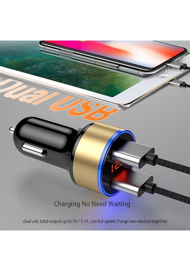 Araç Şarj Cihazı 5 V 3.1a Led Ekranlı Evrensel Çift Usb Telefon Araç Şarj Cihazı Xiaomi Samsung S8 İphone X 8 Artı Tablet Vb Siyah