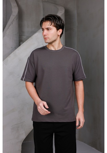 Erkek Şeritli Oversize Bisiklet Yaka 2 İki İplik Kompakt T-shirt Kahverengi