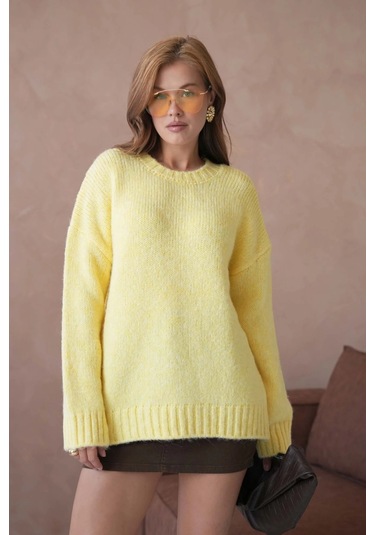 Kadın Bisiklet Yaka Yumuşak Dokulu Oversize Triko Kazak 3032 Sarı