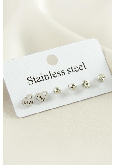 6 Adet Love Yazılı Kalp Taşlı Çelik Küpe 0416 Gümüş