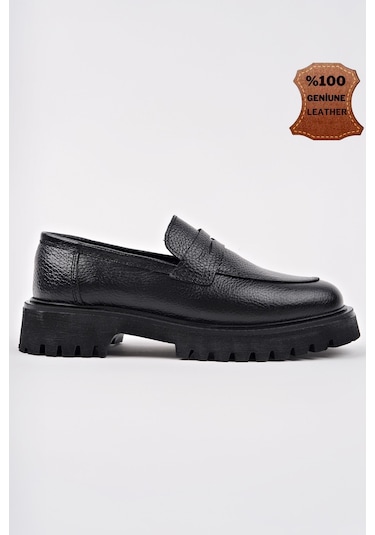 Muggo Paradise Hakiki Deri Kalın Taban Günlük Casual Makosen Kadın Loafer Ayakkabı Siyah