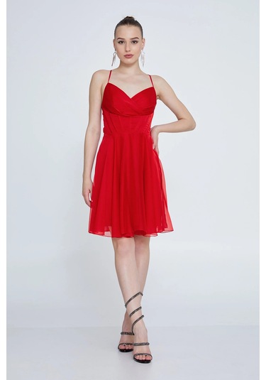 Doridorca Kadın Askılı Sırttan Çapraz Bağlamalı Kısa Abiye Elbise 6025 Kırmızı Kırmızı