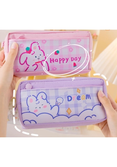 Tuomeng Yeni Menekşe-tavşan Sevimli Büyük Kapasiteli Kırtasiye Çantası Öğrenci Iyi Görünümlü Kalem Kutusu Karikatür Çok Fonksiyonlu Kalem Çantası