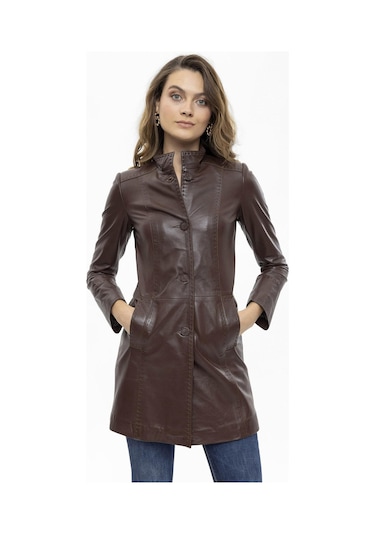 Care Kahve Düğmeli Dar Fit Kesim Astarlı Kısa Hakiki Kadın Deri Kaban-kahve Kahverengi