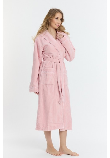 Mulberry Triga Kapüşonlu Kadın Bornozu %100 Pamuk Pembe