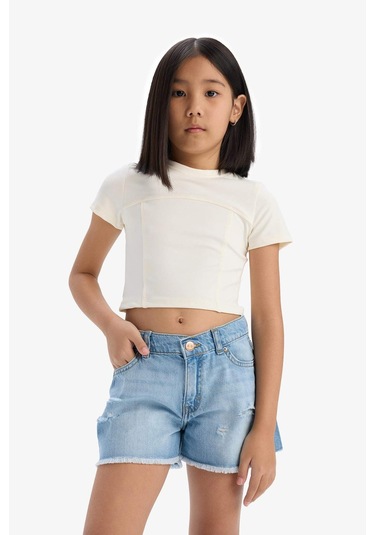 Defacto Kız Çocuk Yırtık Detaylı Pamuklu Jean Şort D7107a825smnm39 Mavi