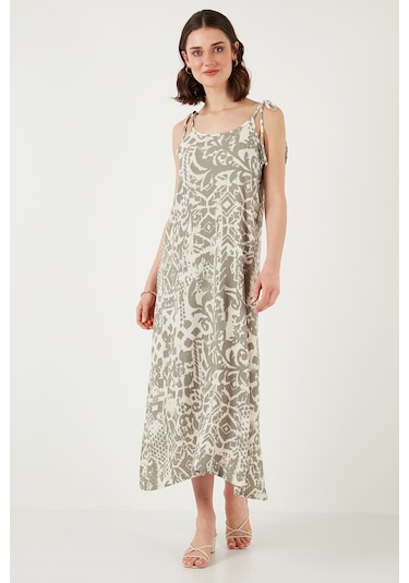 Lela Regular Fit Ip Askılı Uzun Bayan Elbise 5865732 Ekru-Olive