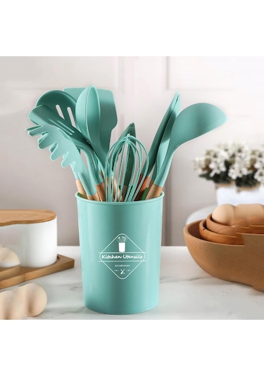 Yeşil Yeşil Silikon Mutfak Pişirme Gereçleri Seti Yapışmaz Tencere Spatula Kürek Yumurta Çırpıcı Ahşap Saplı Mutfak Alet Seti 4pcs Yeşil