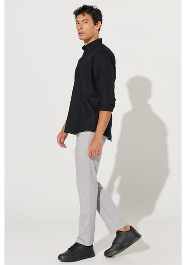 AC&Co / Altınyıldız Classics Erkek Sıyah Comfort Fit Rahat Kesim Düğmeli Yaka Keten Gömlek - Siyah