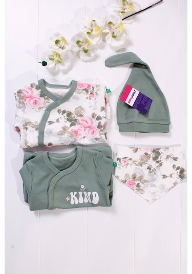 Kind İs Cool Desenli Nakışlı Kız Bebek 4'lü Tulum Seti Yeşil