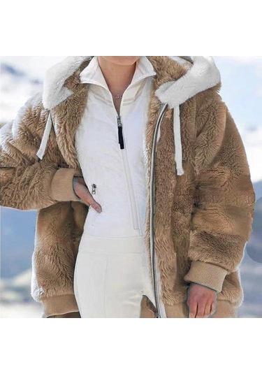 Avrupa Ve Amerika Birleşik Devletleri 2022 Sonbahar Ve Kış Sıcak Peluş Ve Fermuar Cep Kapşonlu Gevşek Ceket Kadın Ceket Haki