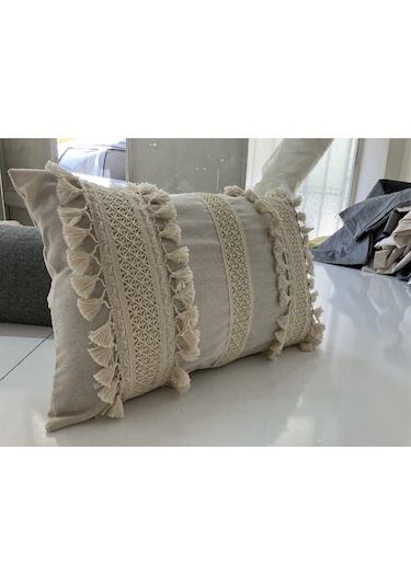 Dnc Home Tekstil Ndchome Ham Keten Üç Dantelli Ponponlu Kırlent Kırlent Kılıfı