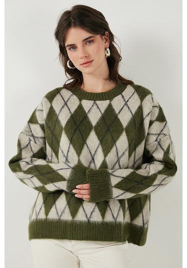 Lela Oversize Fit Bisiklet Yaka Baklava Desenli Yumuşak Dokulu Bayan Kazak 4616223 Haki