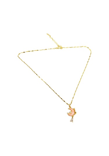 Altın Renk Parlak Ve Şık Pembe Mine Taş 316l Çelik Vıp Ay Model Kadın Kolye - Göz Alıcı Şık Tasarım Altın