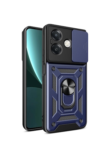 Teknomoda Oppo A3 Kılıf Yüzüklü Standlı Sürgülü Kamera Korumalı Tank Sert Silikon Kapak Mavi