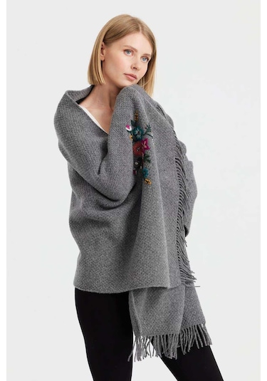 Desen Triko Kadın Triko Pirinç Örgü İşlemeli Yün Şal 23030 Füme