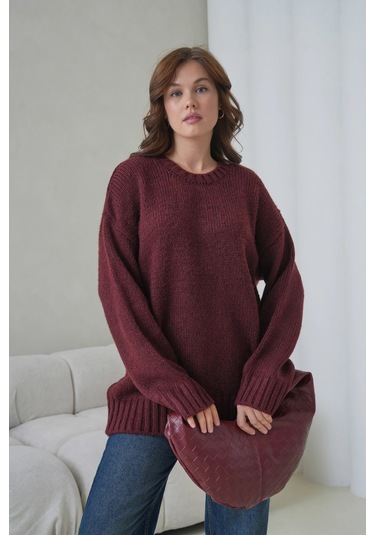 Kadın Bisiklet Yaka Yumuşak Dokulu Oversize Triko Kazak 3032 Bordo