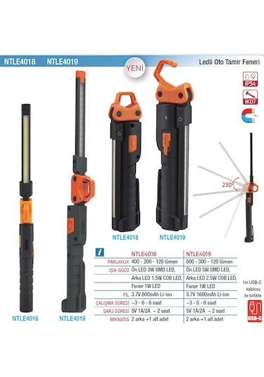 Nt Tools Ntle4019 Ledli Tamirci Feneri Çift Taraflı 600 + 300 Lümen Siyah - Turuncu