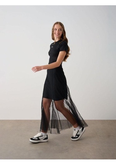 Kız Çocuk Tül Detaylı Astarlı Etek-14786 Siyah