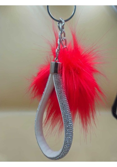 Gümüş Taşlı Tilki Tüyü Kırmızı Angel Anahtarlık