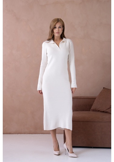 Kadın Polo Yaka Yamuşak Dokulu Maksi Boy Triko Elbise Taş