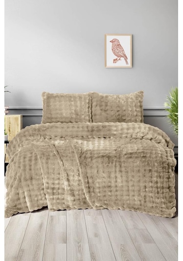 Merinos Diamond Buble Kürk Çift Kişilik Comforter Set Bej Gri