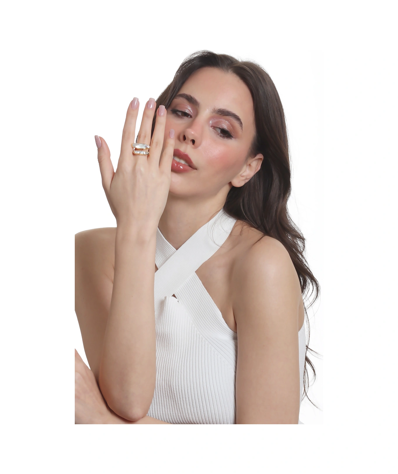 Labalaba Kadın İki Telli El Yapımı Tasarım İnci Yüzük Altın