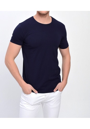 Nacar Store Erkek Siyah Bisiklet Yaka Likralı Basic T-shirt Lacivert