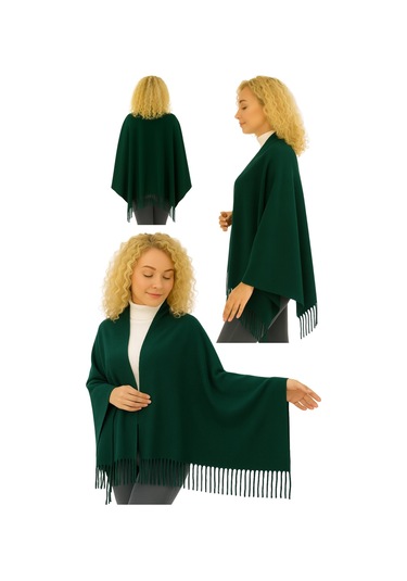 1 Adet Kadın Büyük Bedene Uygun Ekstra Yumuşak Dokulu Püskül Detaylı Kışlık Atkı Omuz Şalı Koyu Yeşil