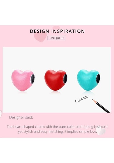 Pembe Wostu Emaye Pürüzsüz Kırmızı, Pembe Ve Mavi Üç Renkli Kalp Şekli 925 Ayar Gümüş Göz Alıcı Boncuk Fit Bilezik Bileklik Güzel Takı