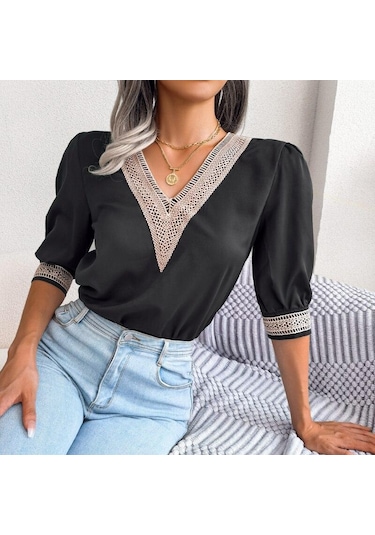 2023 Yaz Gevşek V Yaka Gömlek Bahar Kadın Zarif Dantel Şifon Yarım Kollu Bluz Casual Kazak Blusas Para Mujer Tops 25127 Siyah 2023 Yaz Gevşek V Yaka Gömlek Bahar Kadın Zarif Dantel Şifon Yarım Kollu Bluz Casual Kazak Blusas Para Mujer Tops 25127 Siyah