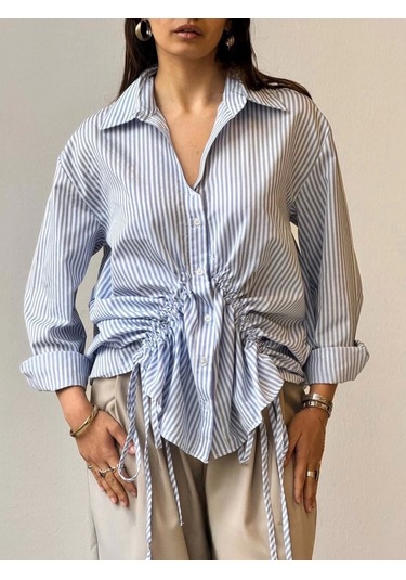 Önü Büzgü Detaylı Çizgili Gömlek Mavi