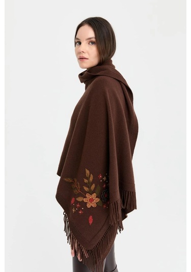 Desen Triko Kadın Papatya İşlemeli Püsküllü Yün Şal 24028 M. Kahve M. Kahve Kahverengi