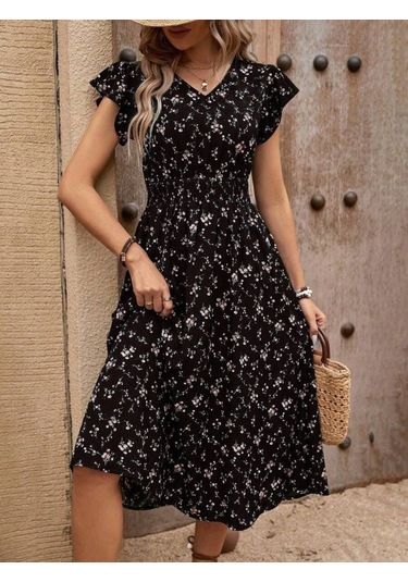 Kadın Kısa Kollu V Yakalı Beli Lastikli Çiçek Desenli Süprem Elbise Siyah
